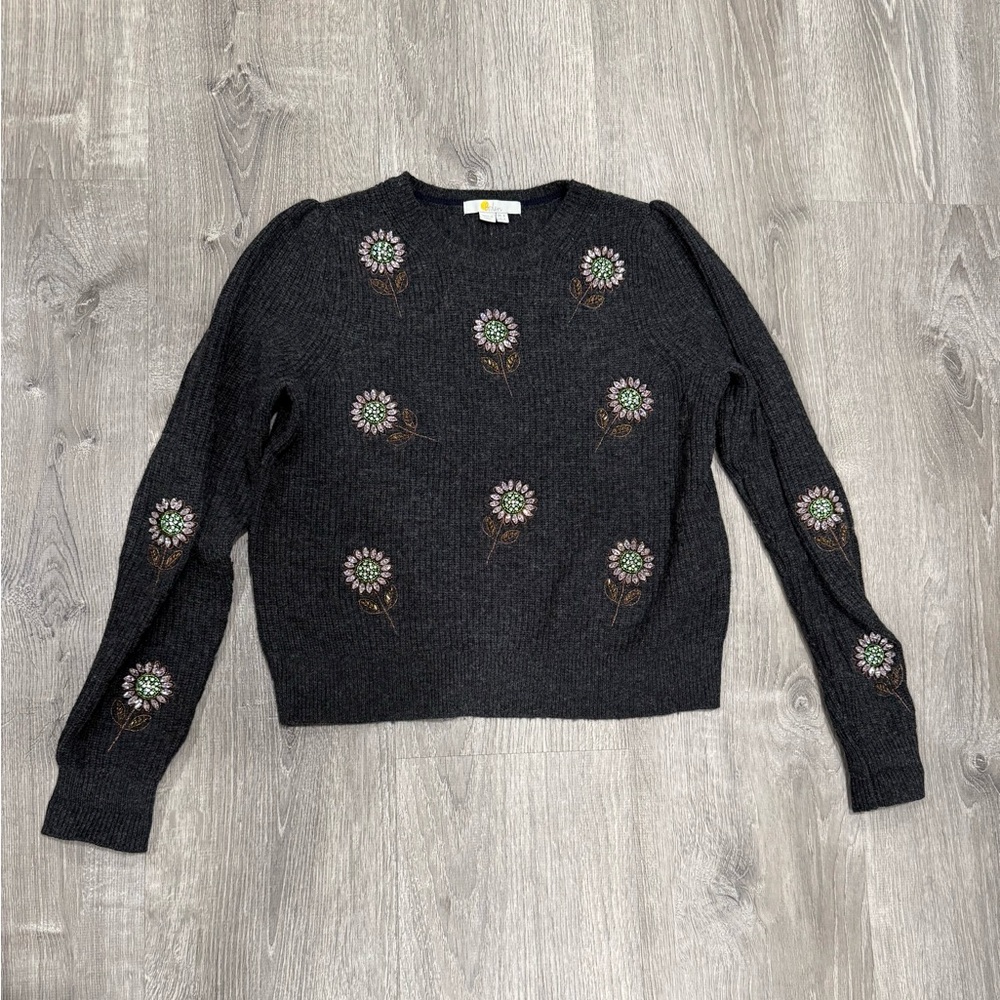 Boden Charcoal Sweater with Crystal Flower Embellishments